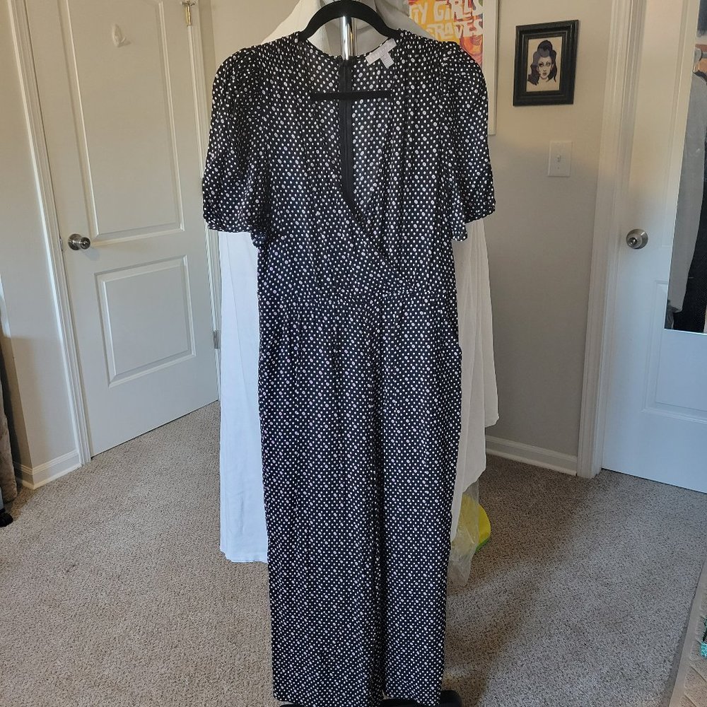 Chelsea28 Purple Dot Jumpsuit with Pockets, Puff Sleeves, Ankle Length